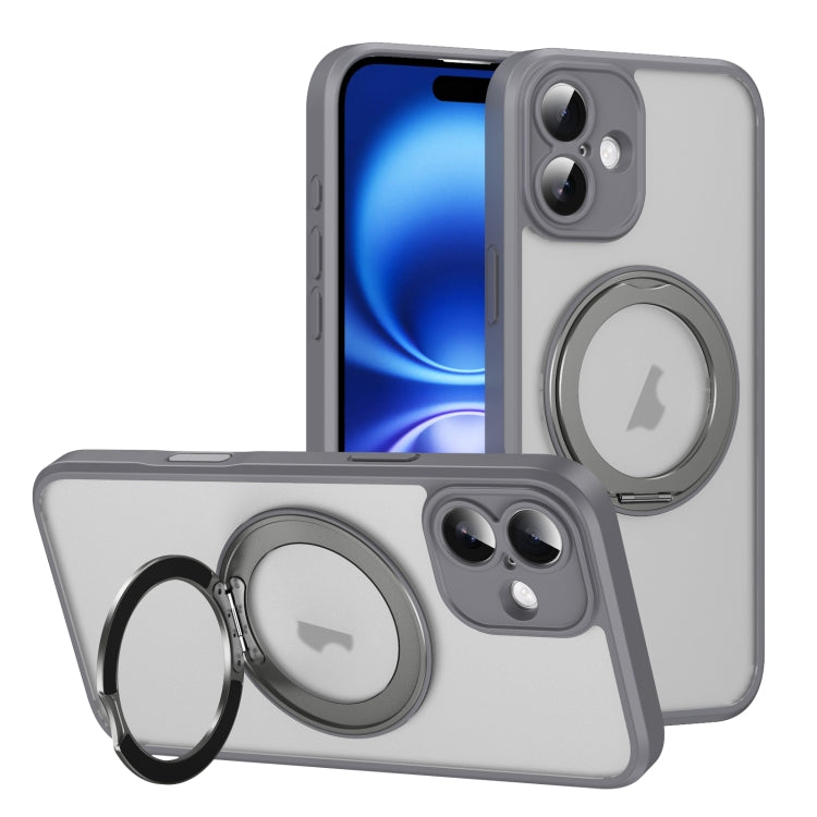 For iPhone 16 Translucent Frosted MagSafe Rotating Holder Phone Case with AI Button(Grey) - iPhone 16 Cases by buy2fix | Online Shopping UK | buy2fix