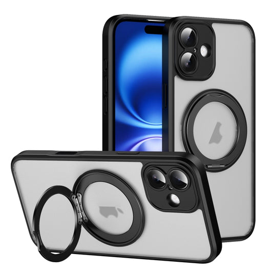 For iPhone 16 Plus Translucent Frosted MagSafe Rotating Holder Phone Case with AI Button(Black) - iPhone 16 Plus Cases by buy2fix | Online Shopping UK | buy2fix