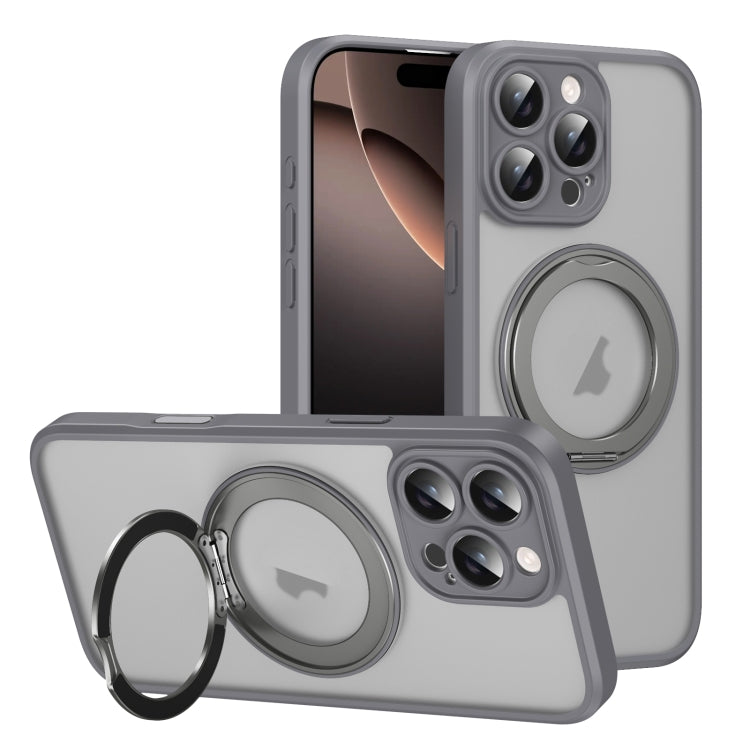 For iPhone 16 Pro Translucent Frosted MagSafe Rotating Holder Phone Case with AI Button(Grey) - iPhone 16 Pro Cases by buy2fix | Online Shopping UK | buy2fix