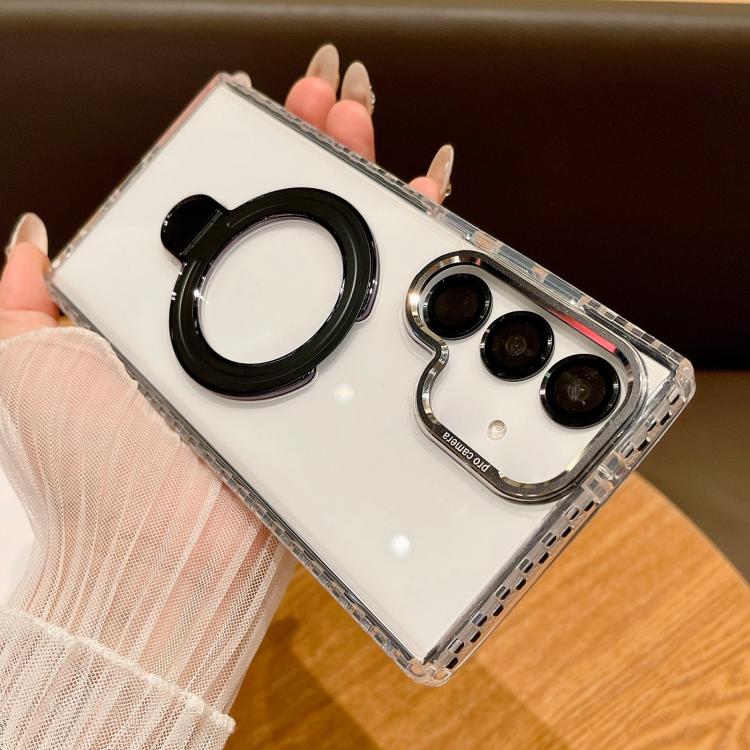 For Samsung Galaxy S25+ 5G Transparent MagSafe Holder Phone Case with Lens Film(Black) by buy2fix
