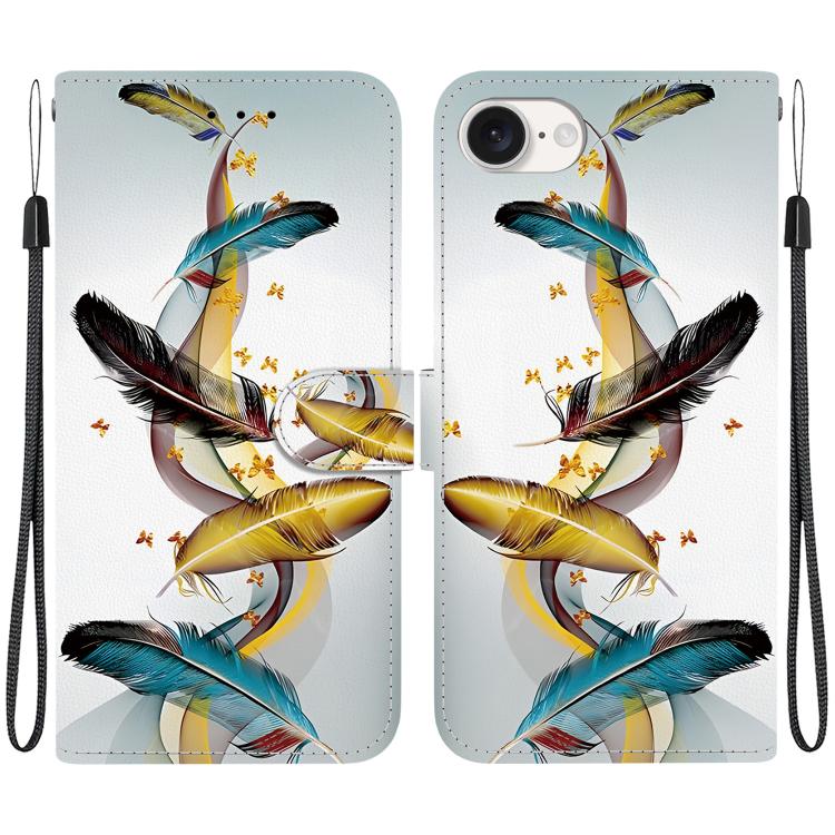 For iPhone 16e Crystal Texture Colored Drawing Leather Phone Case(Gold Butterfly Feathers) - iPhone 16e Cases by buy2fix | Online Shopping UK | buy2fix
