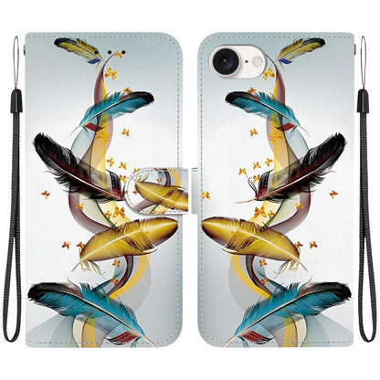 For iPhone 16e Crystal Texture Colored Drawing Leather Phone Case(Gold Butterfly Feathers) - iPhone 16e Cases by buy2fix | Online Shopping UK | buy2fix