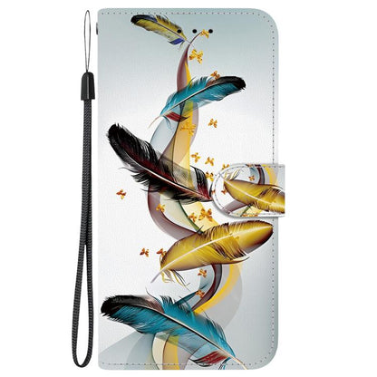 For iPhone 16e Crystal Texture Colored Drawing Leather Phone Case(Gold Butterfly Feathers) - iPhone 16e Cases by buy2fix | Online Shopping UK | buy2fix