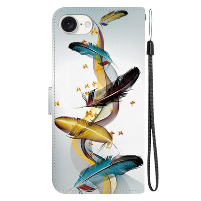 For iPhone 16e Crystal Texture Colored Drawing Leather Phone Case(Gold Butterfly Feathers) - iPhone 16e Cases by buy2fix | Online Shopping UK | buy2fix