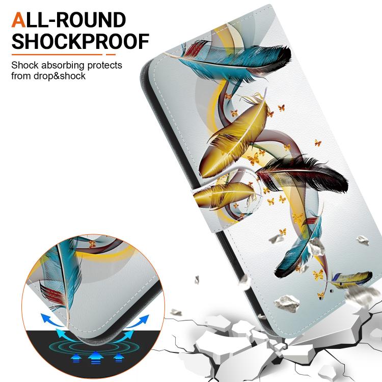 For iPhone 16e Crystal Texture Colored Drawing Leather Phone Case(Gold Butterfly Feathers) - iPhone 16e Cases by buy2fix | Online Shopping UK | buy2fix