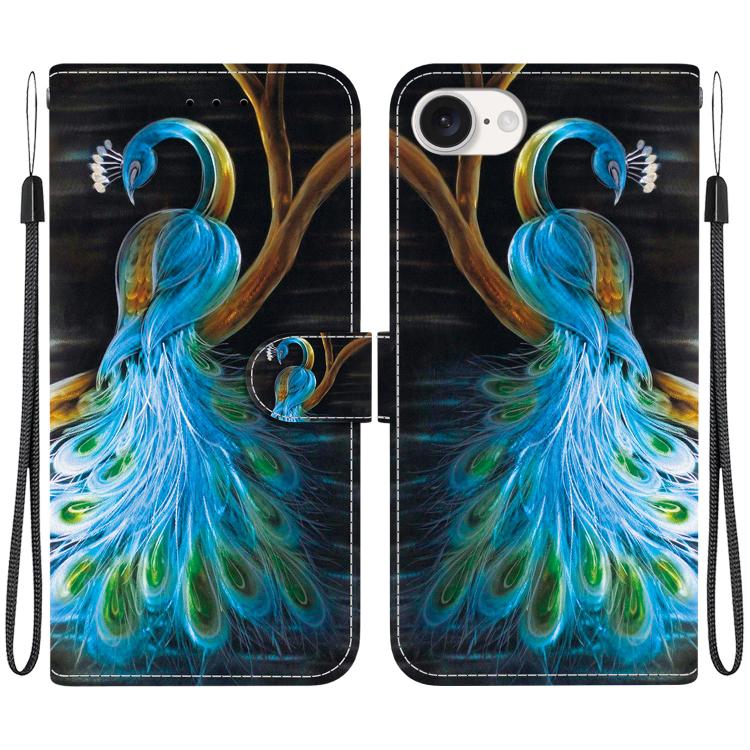 For iPhone 16e Crystal Texture Colored Drawing Leather Phone Case(Peacock) - iPhone 16e Cases by buy2fix | Online Shopping UK | buy2fix