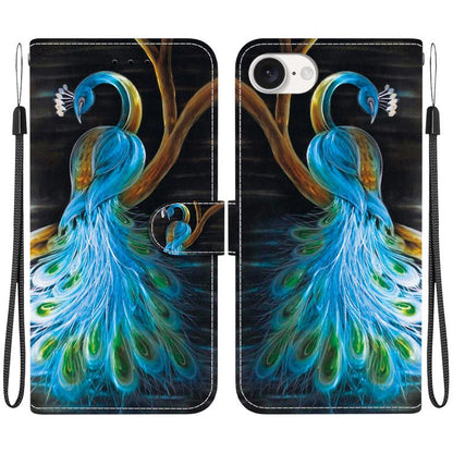 For iPhone 16e Crystal Texture Colored Drawing Leather Phone Case(Peacock) - iPhone 16e Cases by buy2fix | Online Shopping UK | buy2fix