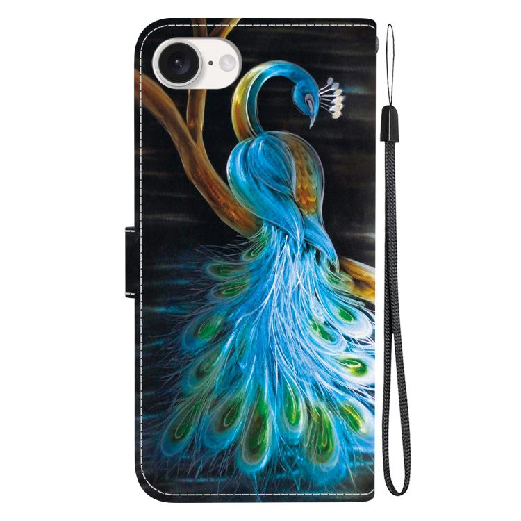 For iPhone 16e Crystal Texture Colored Drawing Leather Phone Case(Peacock) - iPhone 16e Cases by buy2fix | Online Shopping UK | buy2fix