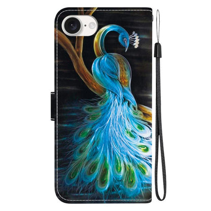 For iPhone 16e Crystal Texture Colored Drawing Leather Phone Case(Peacock) - iPhone 16e Cases by buy2fix | Online Shopping UK | buy2fix