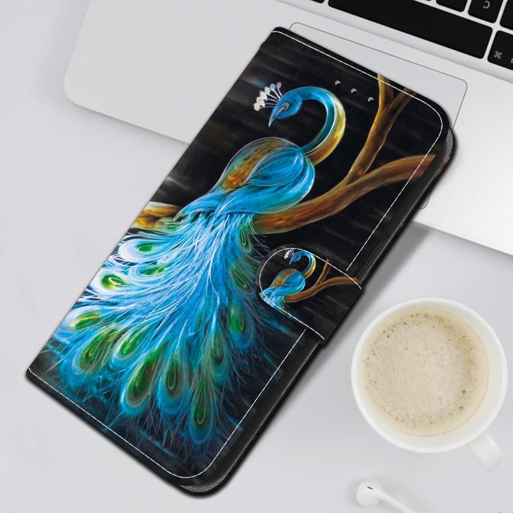 For iPhone 16e Crystal Texture Colored Drawing Leather Phone Case(Peacock) - iPhone 16e Cases by buy2fix | Online Shopping UK | buy2fix