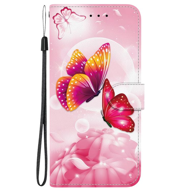 For iPhone 16e Crystal Texture Colored Drawing Leather Phone Case(Pink Butterflies) - iPhone 16e Cases by buy2fix | Online Shopping UK | buy2fix