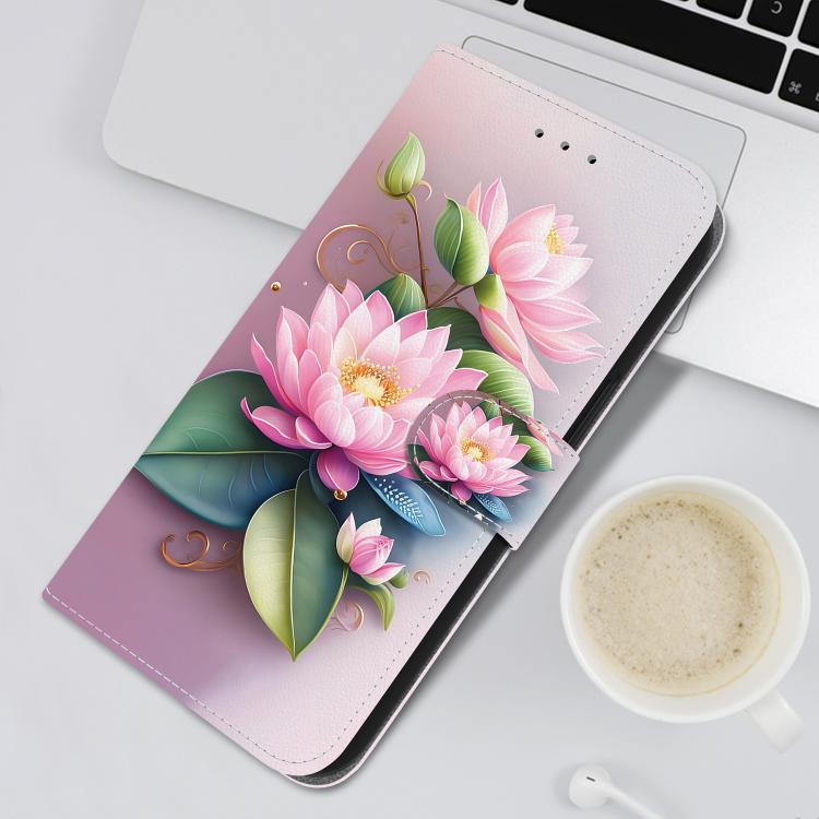 For iPhone 16e Crystal Texture Colored Drawing Leather Phone Case(Lotus) - iPhone 16e Cases by buy2fix | Online Shopping UK | buy2fix