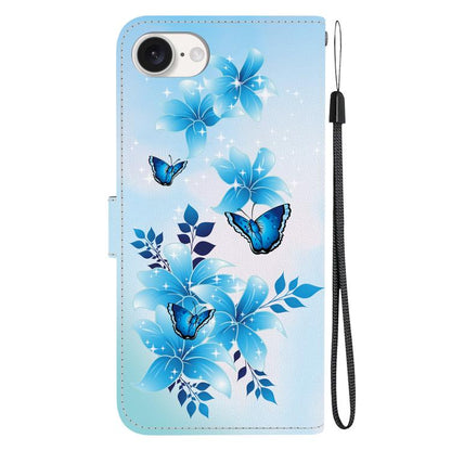 For iPhone 16e Crystal Texture Colored Drawing Leather Phone Case(Blue Butterflies) - iPhone 16e Cases by buy2fix | Online Shopping UK | buy2fix