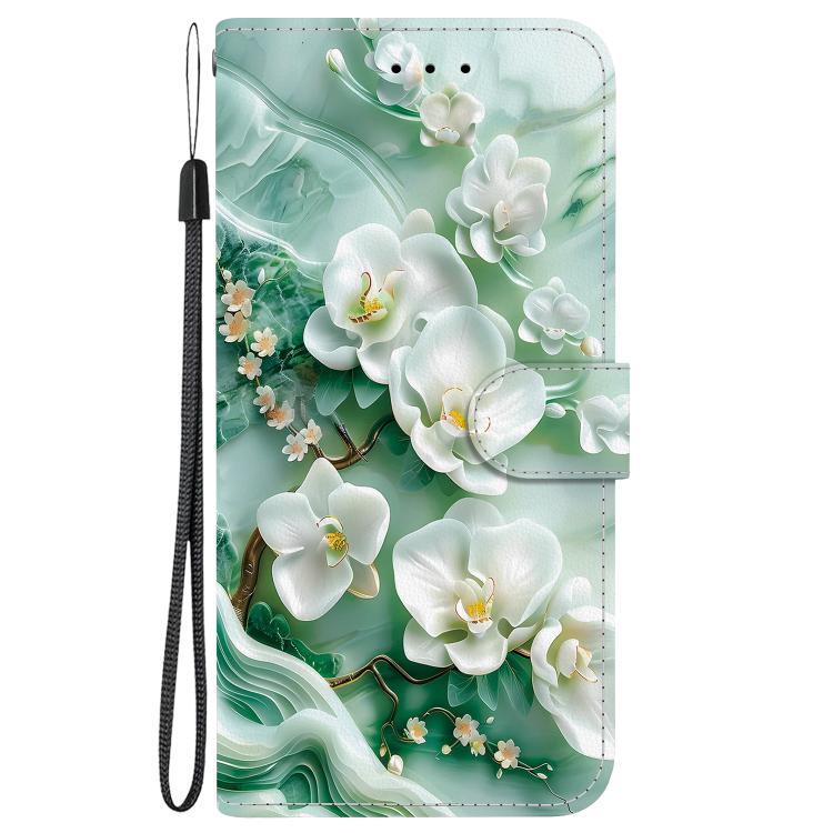 For iPhone 16e Crystal Texture Colored Drawing Leather Phone Case(Jade Flowers) - iPhone 16e Cases by buy2fix | Online Shopping UK | buy2fix