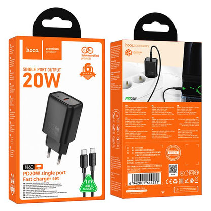 hoco N60 PD20W Type-C Charger Set with 1m Type-C to Type-C Cable, Specification:EU Plug(Black) - USB Charger by hoco | Online Shopping UK | buy2fix