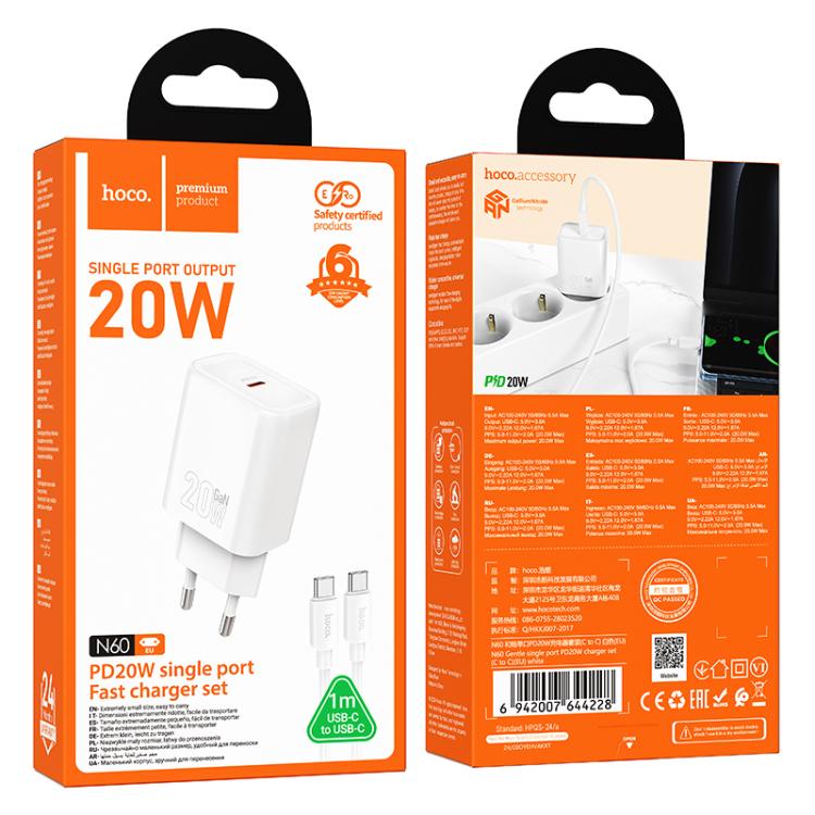 hoco N60 PD20W Type-C Charger Set with 1m Type-C to Type-C Cable, Specification:EU Plug(White) - USB Charger by hoco | Online Shopping UK | buy2fix