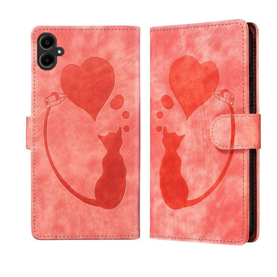 For Samsung Galaxy A07 4G / A06 4G Pen Heart Cat Embossed Leather Phone Case(Orange)