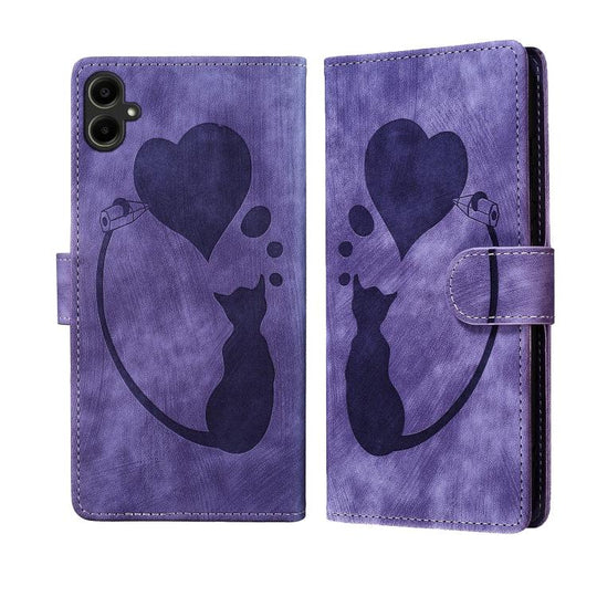 For Samsung Galaxy A07 4G / A06 4G Pen Heart Cat Embossed Leather Phone Case(Purple)