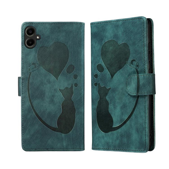 For Samsung Galaxy A07 4G / A06 4G Pen Heart Cat Embossed Leather Phone Case(Green)