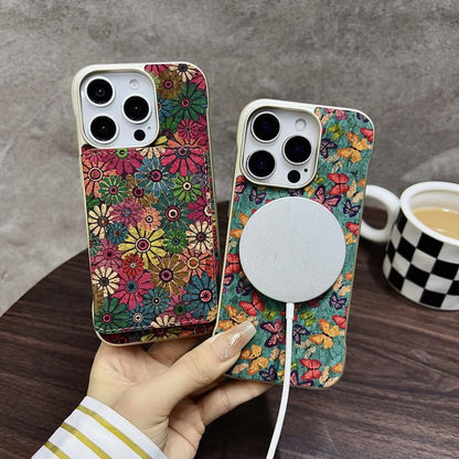For iPhone 14 / 13 Denior D24 Paint MagSafe Card Slot Phone Case(Green Sunflower) - iPhone 14 Cases by Denior | Online Shopping UK | buy2fix