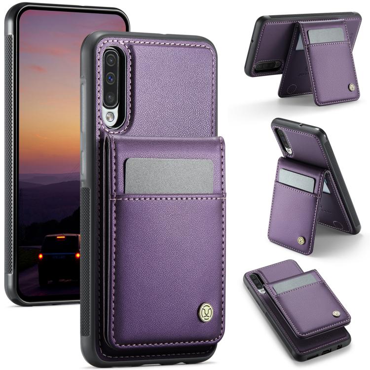 For Samsung Galaxy A50 JEEHOOD J06 British Style RFID MagSafe Card Bag PU Phone Case(Purple) - Galaxy Phone Cases by JEEHOOD | Online Shopping UK | buy2fix