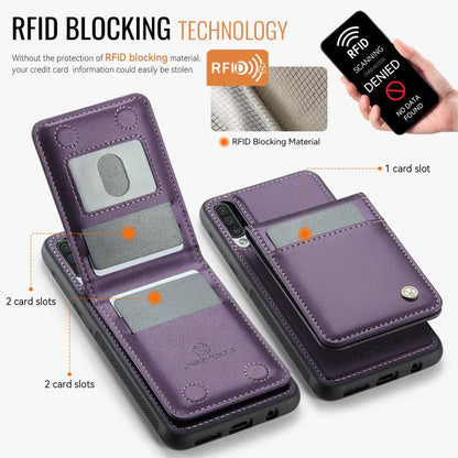 For Samsung Galaxy A50 JEEHOOD J06 British Style RFID MagSafe Card Bag PU Phone Case(Purple) - Galaxy Phone Cases by JEEHOOD | Online Shopping UK | buy2fix