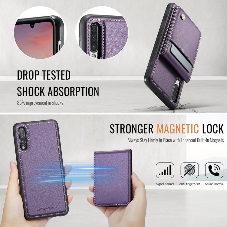 For Samsung Galaxy A50 JEEHOOD J06 British Style RFID MagSafe Card Bag PU Phone Case(Purple) - Galaxy Phone Cases by JEEHOOD | Online Shopping UK | buy2fix