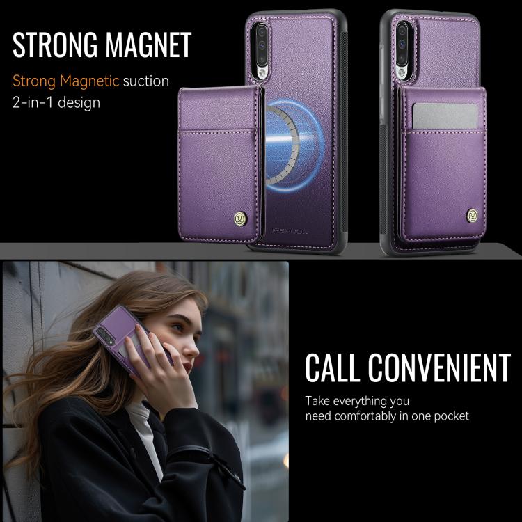 For Samsung Galaxy A50 JEEHOOD J06 British Style RFID MagSafe Card Bag PU Phone Case(Purple) - Galaxy Phone Cases by JEEHOOD | Online Shopping UK | buy2fix
