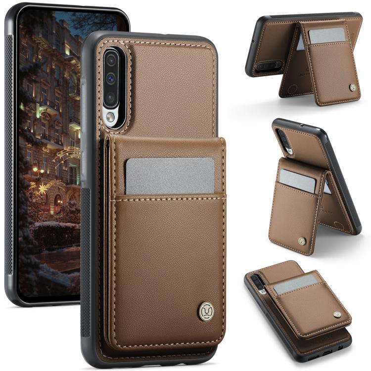 For Samsung Galaxy A50 JEEHOOD J06 British Style RFID MagSafe Card Bag PU Phone Case(Brown) - Galaxy Phone Cases by JEEHOOD | Online Shopping UK | buy2fix