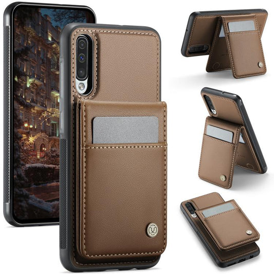 For Samsung Galaxy A50 JEEHOOD J06 British Style RFID MagSafe Card Bag PU Phone Case(Brown) - Galaxy Phone Cases by JEEHOOD | Online Shopping UK | buy2fix