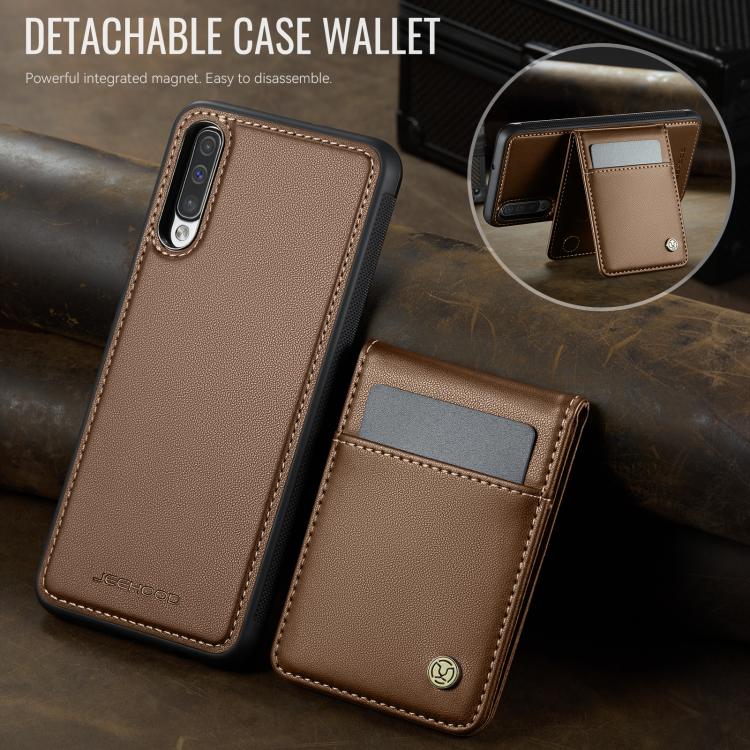For Samsung Galaxy A50 JEEHOOD J06 British Style RFID MagSafe Card Bag PU Phone Case(Brown) - Galaxy Phone Cases by JEEHOOD | Online Shopping UK | buy2fix