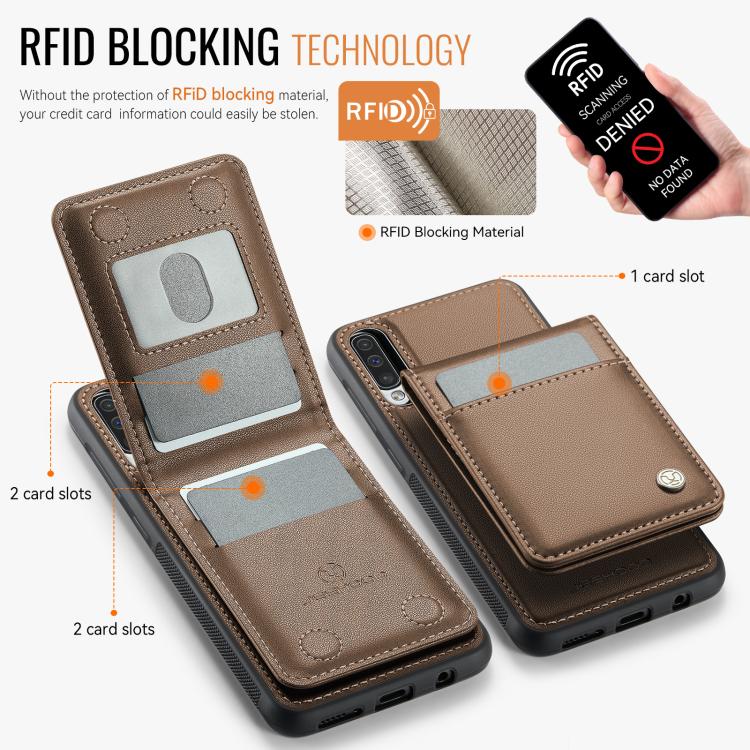 For Samsung Galaxy A50 JEEHOOD J06 British Style RFID MagSafe Card Bag PU Phone Case(Brown) - Galaxy Phone Cases by JEEHOOD | Online Shopping UK | buy2fix