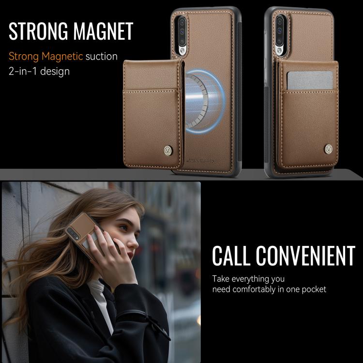 For Samsung Galaxy A50 JEEHOOD J06 British Style RFID MagSafe Card Bag PU Phone Case(Brown) - Galaxy Phone Cases by JEEHOOD | Online Shopping UK | buy2fix