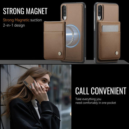 For Samsung Galaxy A50 JEEHOOD J06 British Style RFID MagSafe Card Bag PU Phone Case(Brown) - Galaxy Phone Cases by JEEHOOD | Online Shopping UK | buy2fix