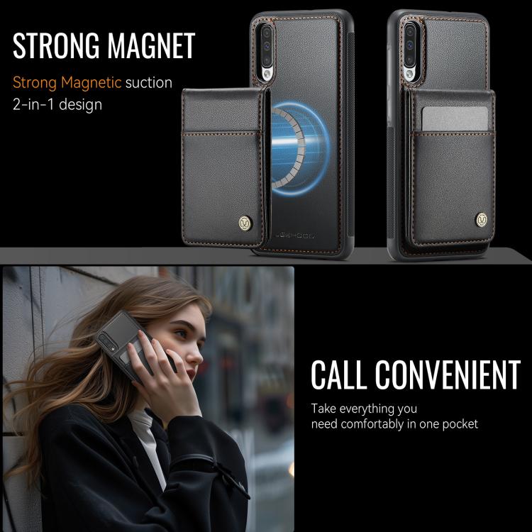 For Samsung Galaxy A50 JEEHOOD J06 British Style RFID MagSafe Card Bag PU Phone Case(Black) - Galaxy Phone Cases by JEEHOOD | Online Shopping UK | buy2fix