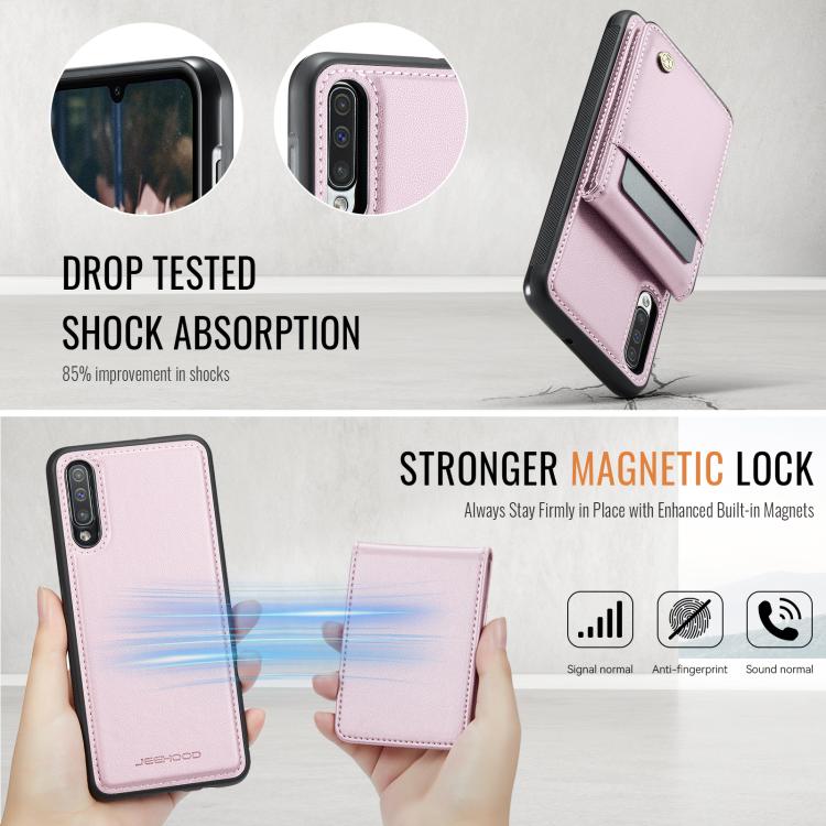 For Samsung Galaxy A50 JEEHOOD J06 British Style RFID MagSafe Card Bag PU Phone Case(Pink) - Galaxy Phone Cases by JEEHOOD | Online Shopping UK | buy2fix