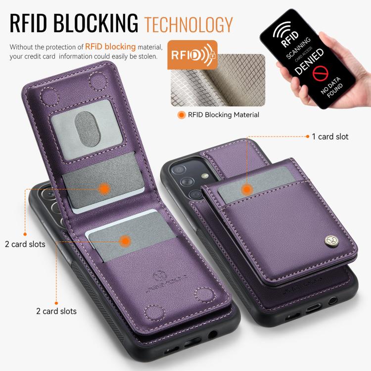 For Samsung Galaxy A51 4G JEEHOOD J06 British Style RFID MagSafe Card Bag PU Phone Case(Purple) - Galaxy Phone Cases by JEEHOOD | Online Shopping UK | buy2fix