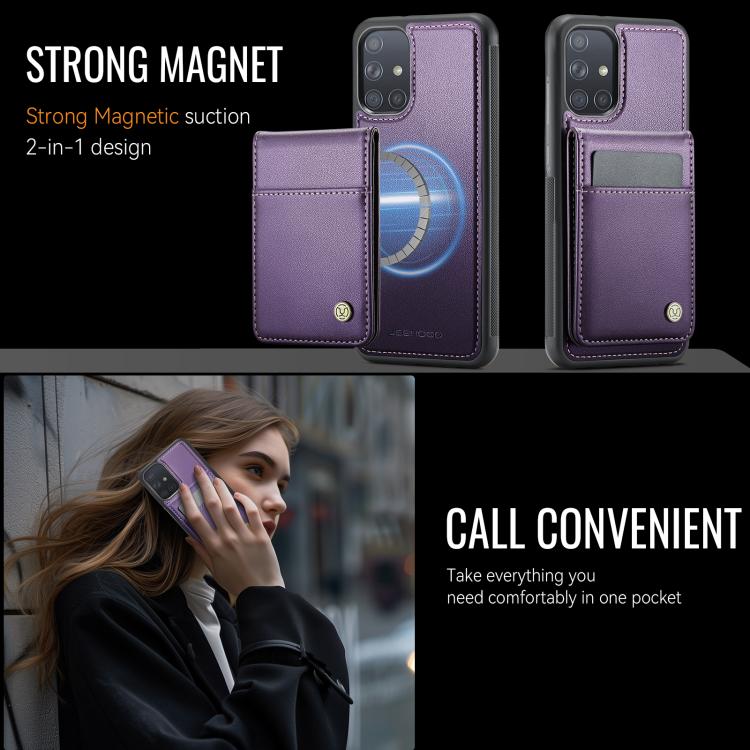 For Samsung Galaxy A51 4G JEEHOOD J06 British Style RFID MagSafe Card Bag PU Phone Case(Purple) - Galaxy Phone Cases by JEEHOOD | Online Shopping UK | buy2fix