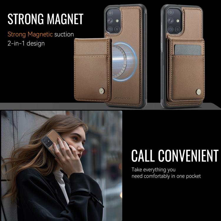 For Samsung Galaxy A51 4G JEEHOOD J06 British Style RFID MagSafe Card Bag PU Phone Case(Brown) - Galaxy Phone Cases by JEEHOOD | Online Shopping UK | buy2fix