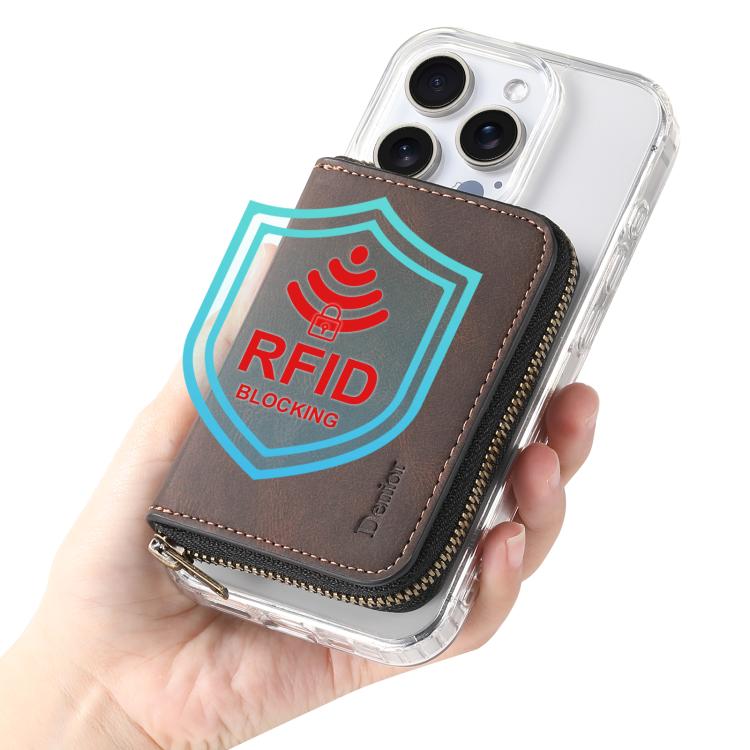 Denior V17 Skin Feel MagSafe RFID Zipper Wallet Card Bag Case(Brown) - Adhesive Card Holders by Denior | Online Shopping UK | buy2fix