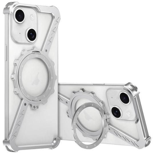 For iPhone 15 Z-shaped Frameless Metal 360 Holder MagSafe Phone Case(Space Silver)