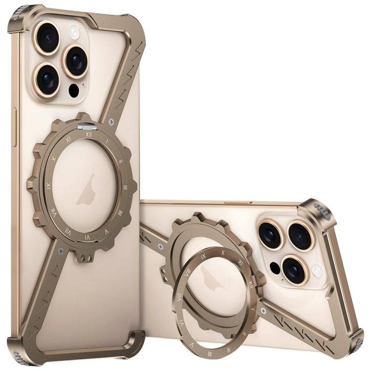For iPhone 14 Pro Z-shaped Frameless Metal 360 Holder MagSafe Phone Case(Desert Gold) - iPhone 14 Pro Cases by buy2fix | Online Shopping UK | buy2fix