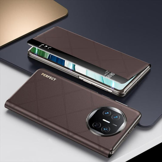 For Huawei Mate X5 Plain Leather Embossed MagSafe Magnetic Phone Leather Case(Coffee) - Huawei Cases by buy2fix | Online Shopping UK | buy2fix