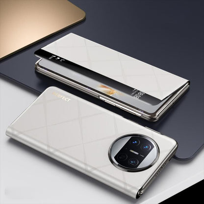 For Huawei Mate X3 Plain Leather Embossed MagSafe Magnetic Phone Leather Case(White) - Huawei Cases by buy2fix | Online Shopping UK | buy2fix