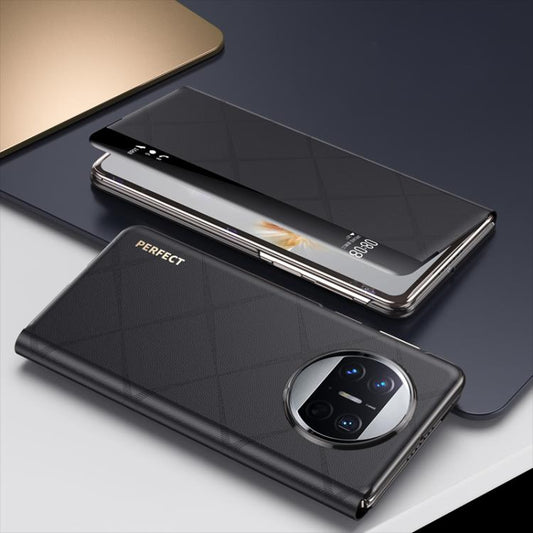 For Huawei Mate X3 Plain Leather Embossed MagSafe Magnetic Phone Leather Case(Black) - Huawei Cases by buy2fix | Online Shopping UK | buy2fix