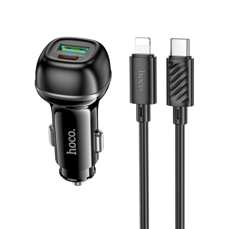 hoco Z58A Rank Dual Port PD30W and QC3.0 Car Charger Set with Type-C to 8 Pin Cable(Black) - Car Charger by hoco | Online Shopping UK | buy2fix