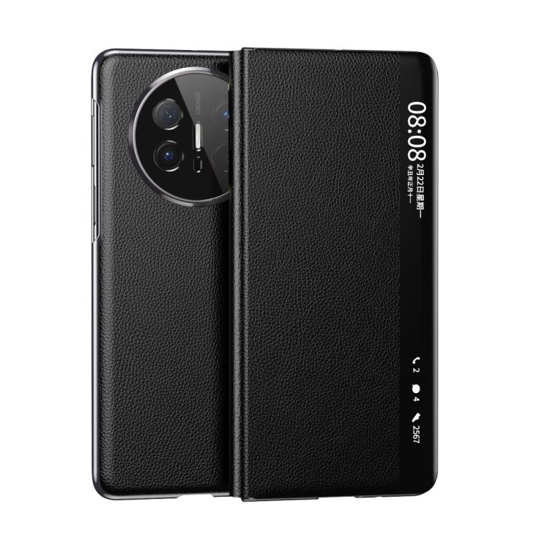 For Huawei Mate X6 Electroplating Litchi Pattern Grain Leather Smart Window MagSafe Phone Leather Case(Black) - Huawei Cases by buy2fix | Online Shopping UK | buy2fix