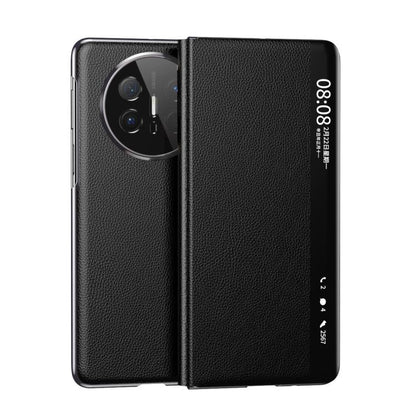 For Huawei Mate X6 Electroplating Litchi Pattern Grain Leather Smart Window MagSafe Phone Leather Case(Black) - Huawei Cases by buy2fix | Online Shopping UK | buy2fix