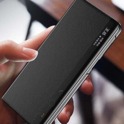 For Huawei Mate X6 Electroplating Litchi Pattern Grain Leather Smart Window MagSafe Phone Leather Case(Black) - Huawei Cases by buy2fix | Online Shopping UK | buy2fix