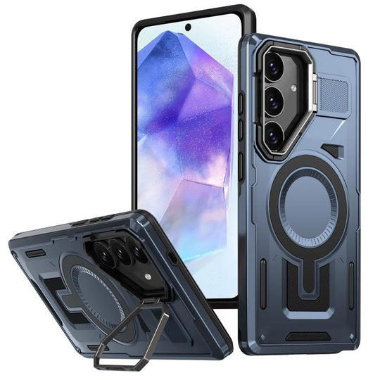 For Samsung Galaxy A55 5G Shield Hollow Frame Holder MagSafe Phone Case(Navy Blue)